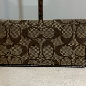 Coach Signature Tan Brown Canvas Checkbook Wallet Leather Trim Y2K
